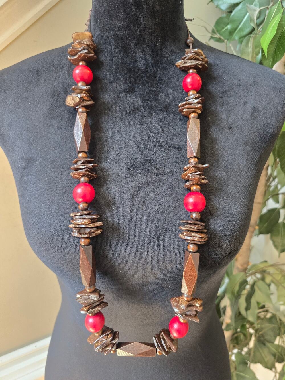 Red Brown Wood Beaded Long Boho Statement Necklace